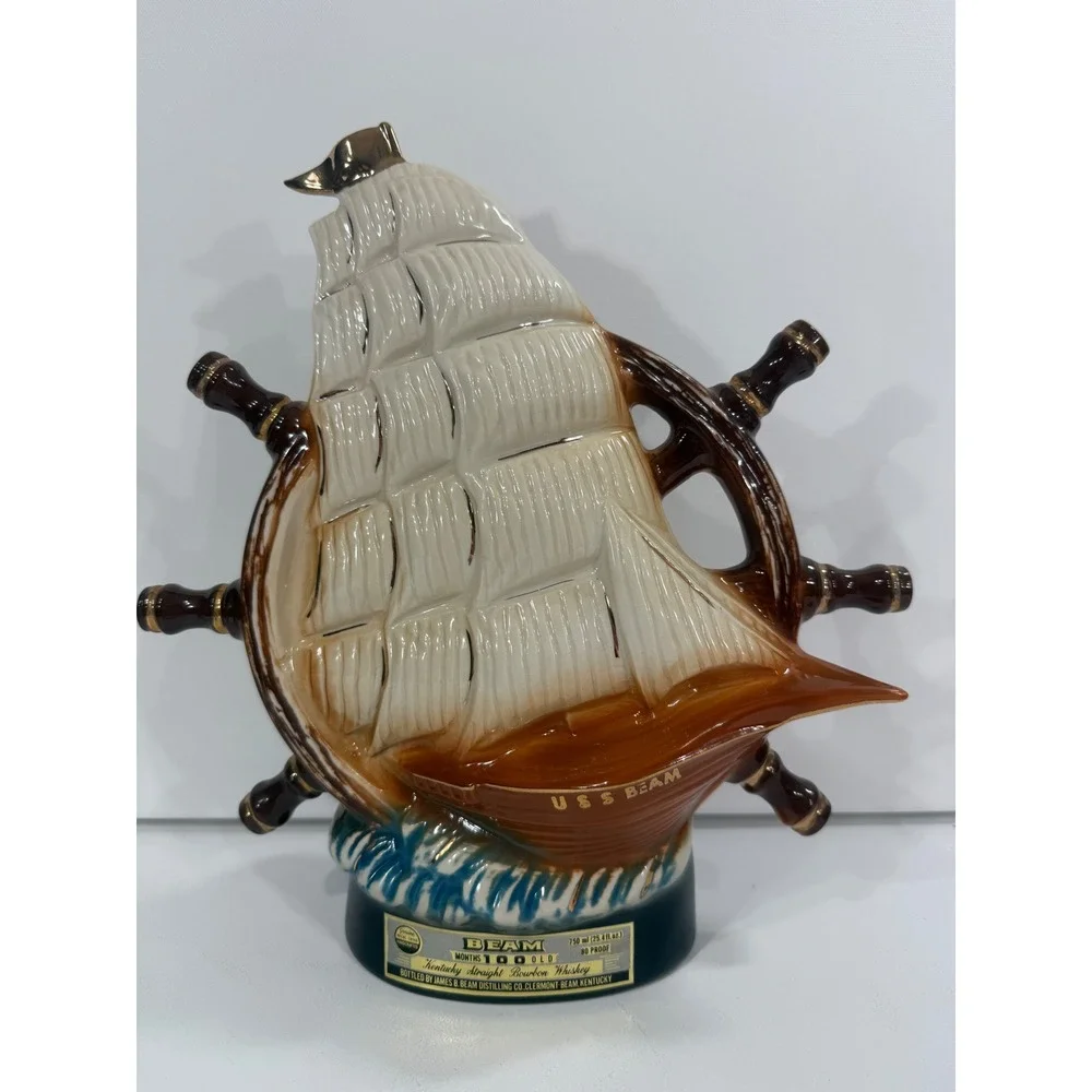 Vintage Jim Beam Decanter Set USS Beam Ship Wheel & James Lockhart Sailfish Art